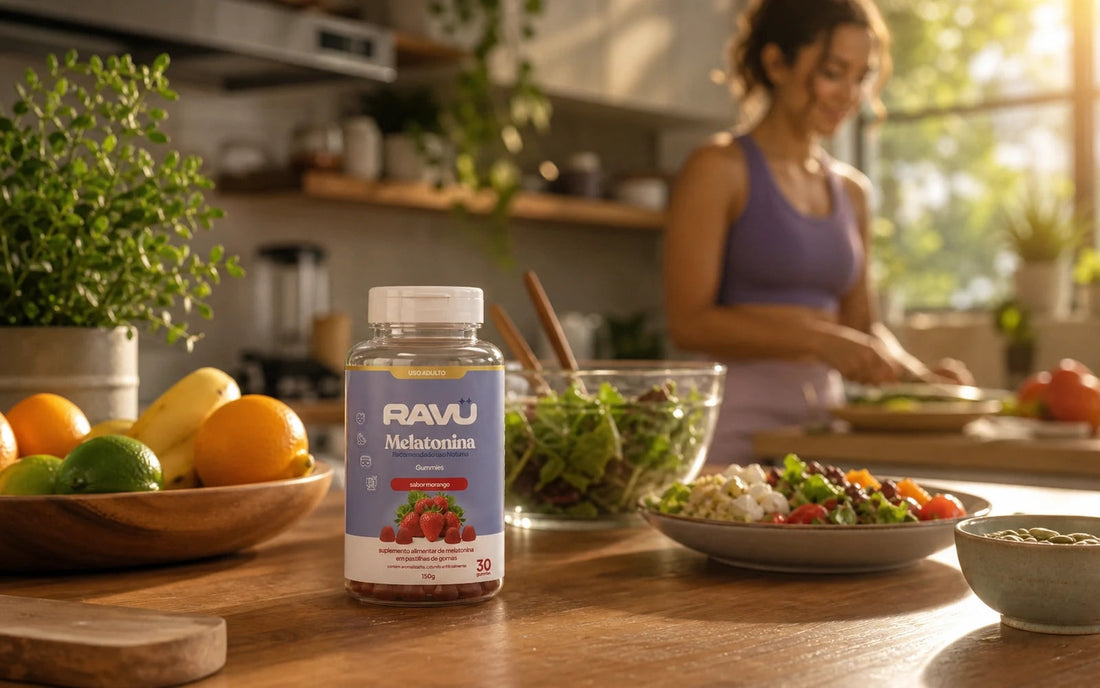 Melatonina RAVU sabor morango em cenário de quarto com frutas naturais relacionadas ao sono