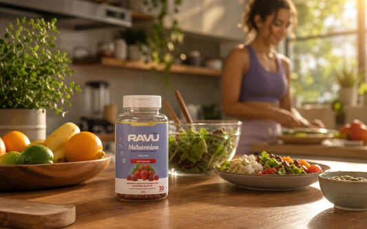 Melatonina RAVU sabor morango em cenário de quarto com frutas naturais relacionadas ao sono