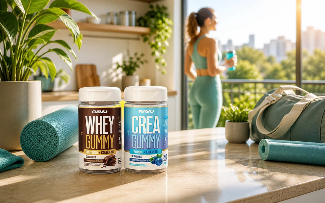 Combo Performance RAVU com Whey Gummy e Creatina Gummy em cenário de varanda solar para hábitos saudáveis