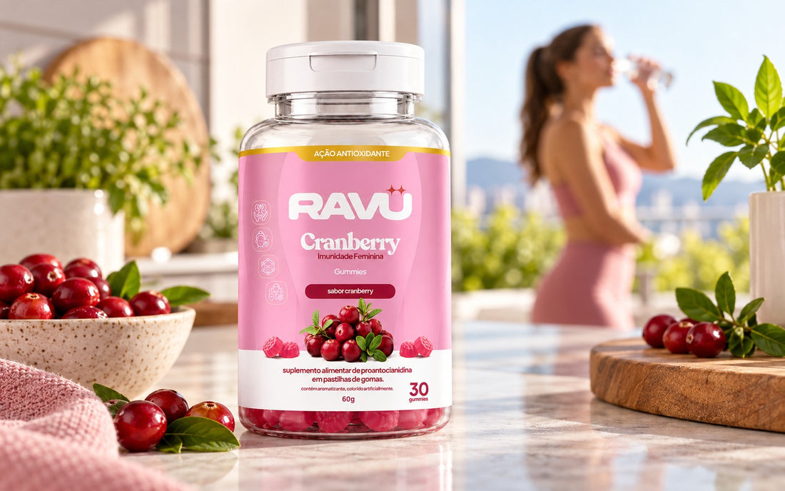 Cranberry Imunidade Feminina Gummy RAVU em cena de bem-estar com luz natural