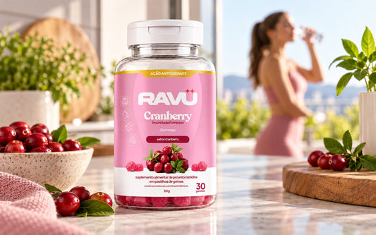 Cranberry Imunidade Feminina Gummy RAVU em cena de bem-estar com luz natural