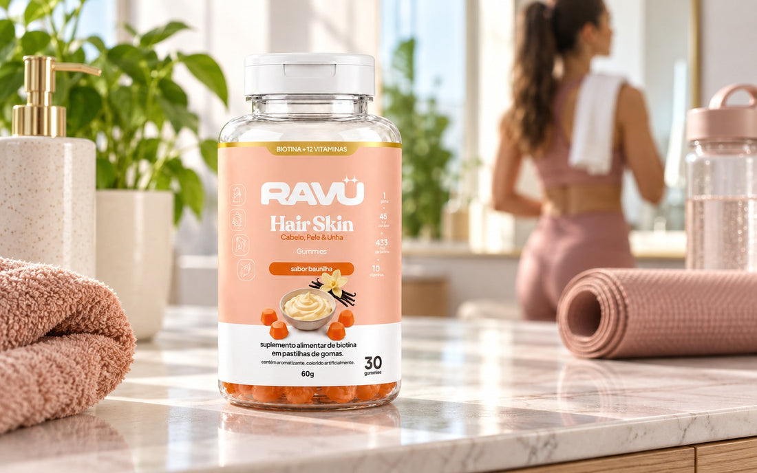 Hair Skin Gummy RAVU sabor baunilha em cena de wellness e rotina ativa