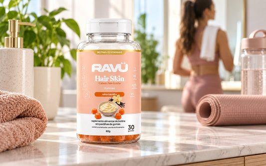 Hair Skin Gummy RAVU sabor baunilha em cena de wellness e rotina ativa