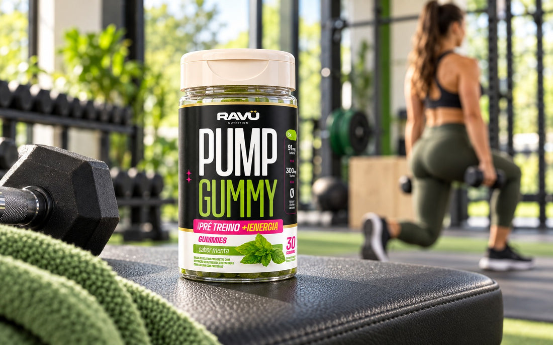 Pump Gummy RAVU sabor menta em academia clara com rotina ativa