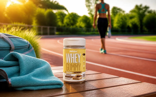 Whey Gummy RAVU sabor banoffee em cenário de pista para antes ou depois do treino