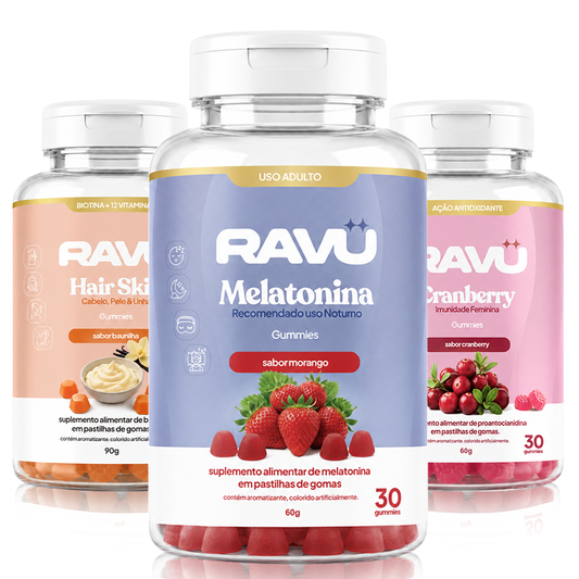 Combo Autocuidado Glow RAVU | Hair Skin + Nail, Cranberry e Melatonina RAVU