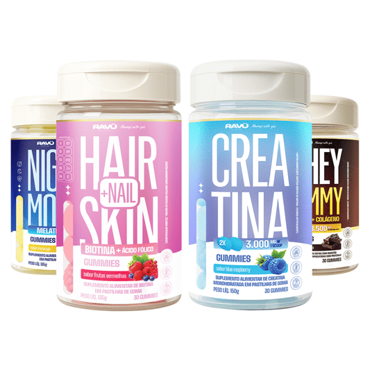 Ravu® Combo Corpo e Mente - Creatina, Whey Gummy, Hair Skin + Nail e Night Moon
