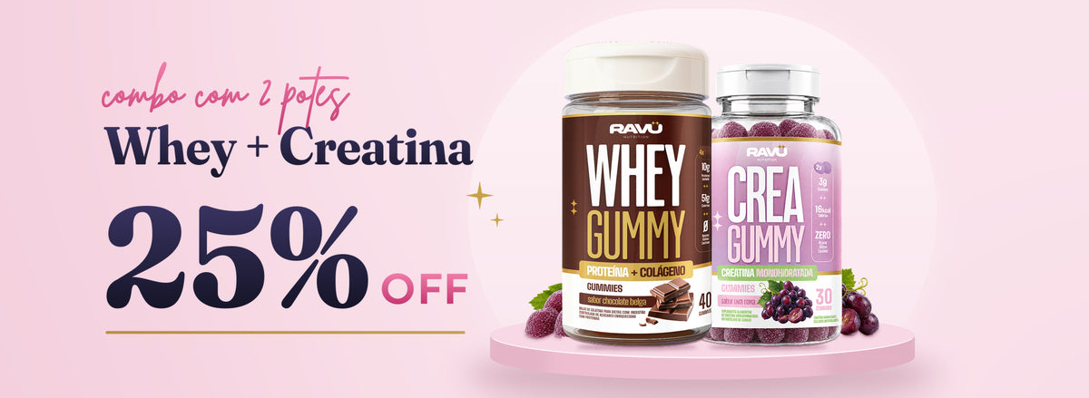Combo com 2 potes Whey + Creatina com 25% OFF: Whey Gummy RAVU sabor chocolate belga e Creatina Gummy RAVU sabor uva roxa