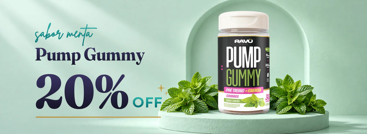 Pump Gummy sabor menta com 20% OFF: pote de Pump Gummy RAVU, pré-treino e energia, cercado de folhas de hortelã