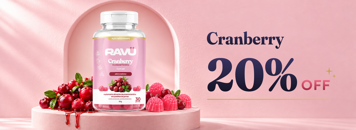 Cranberry com 20% OFF: pote de Cranberry Imunidade Feminina Gummy RAVU com cranberries e gomas
