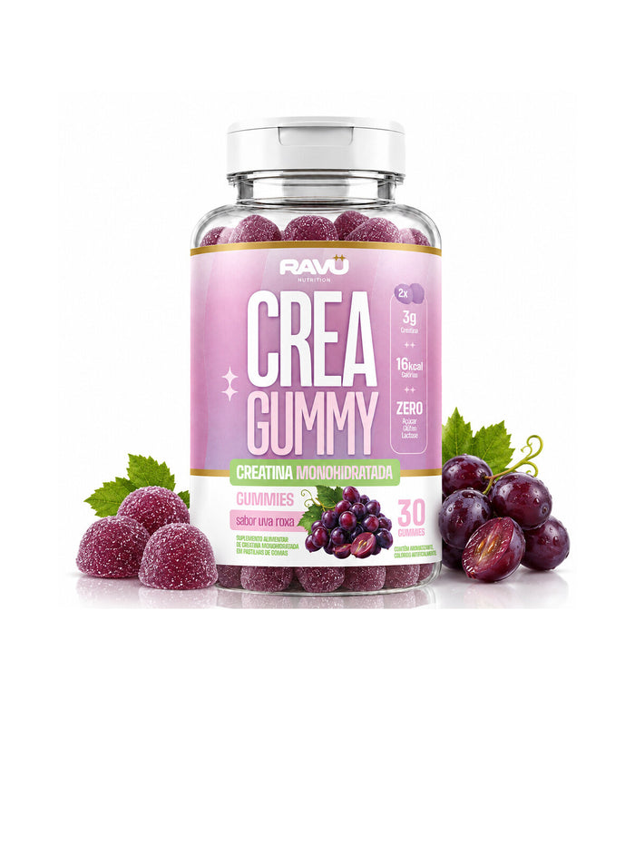 Pote de Creatina Gummy RAVU sabor uva roxa com uvas