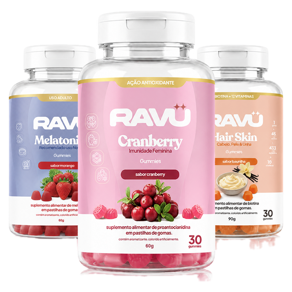 Kit Glow RAVU + Creatina | Hair Skin + Nail, Cranberry e Melatonina + Creatina RAVU